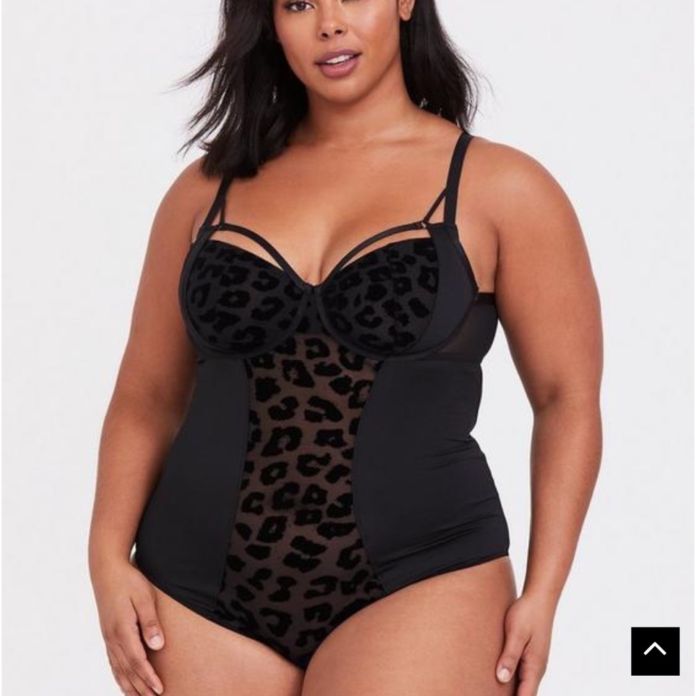 Torrid Black Microfiber & Mesh Flocked Leopard Bodysuit